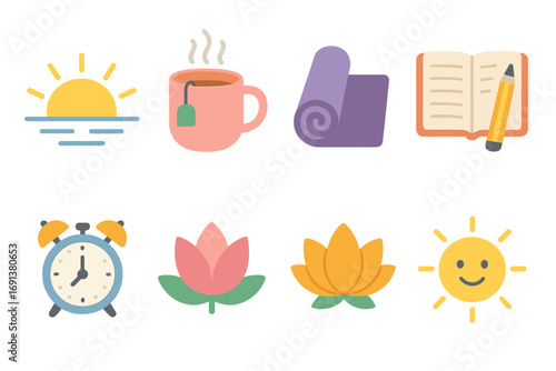 Morning Mantra Icons. Flat vector mini-illustrations Morning mantra routine in colors children's illustrations: sunrise, cup of