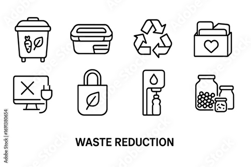 Waste Reduction Icons. Outline icon set of Waste reduction: compost bin, reusable container, recycling symbols