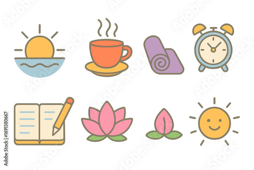 Morning Mantra Icons. Flat vector mini-illustrations Morning mantra routine in colors children's illustrations: sunrise, cup of