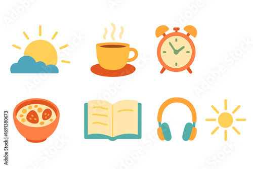 Morning Study Icons. Flat vector mini-illustrations Morning study routine in colors children’s illustrations: sunrise, coffee cup,