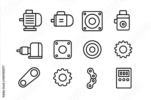 Motors and Drives Icons. Outline icon set of Motors & drives: AC motor, DC motor, stepper motor, servo motor, gearmotor, motor