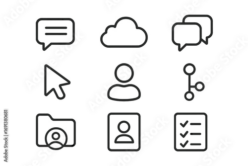Designer Tool Icons. Outline icon set of Collaboration tools for designers: chat bubble, cloud storage,
