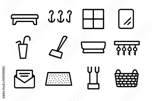 Mudroom Essentials Icons. Outline icon set of mudroom integration elements: bench seat, coat hooks, cubbies, shoe tray, umbrella