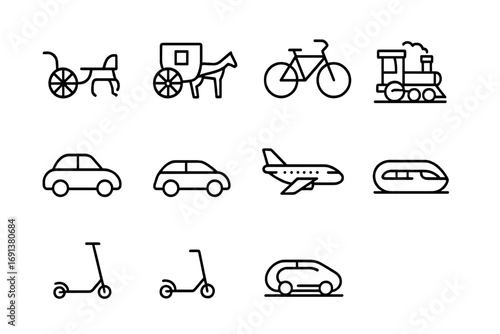 Transportation Through Ages. Outline icon set of Transportation evolution: chariot, horse carriage, bicycle,