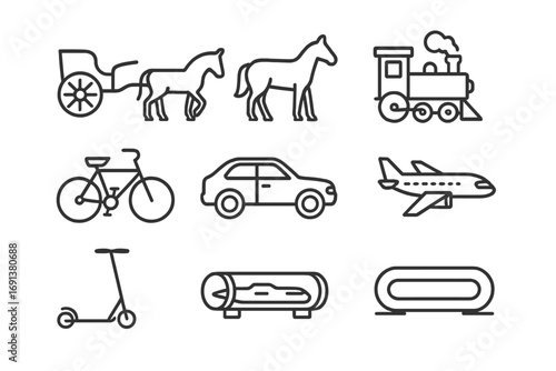 Transportation Through Ages. Outline icon set of Transportation evolution: chariot, horse carriage, bicycle,
