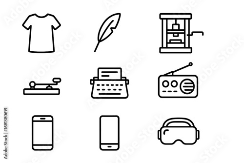 Cultural Evolution Icons. Outline icon set of Cultural evolution through the ages: tunic, quill, printing