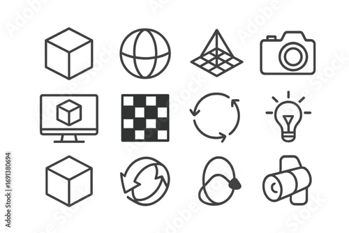 3D Modeling Icons. Outline icon set of 3D modeling software: cube, sphere, 3D grid, camera, render, texture,