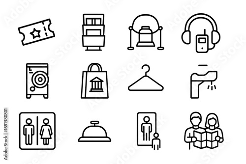 Museum Icon Set. Outline icon set of Museum stops & services: ticket stub, brochure rack, exhibit case, audio guide headset,