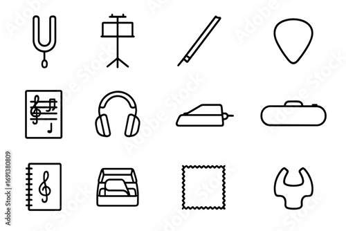 Music Accessories Icons. Outline icon set of music accessories: tuning fork, music stand, bow for violin, plectrum, sheet music,