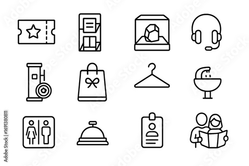 Museum Icon Set. Outline icon set of Museum stops & services: ticket stub, brochure rack, exhibit case, audio guide headset,