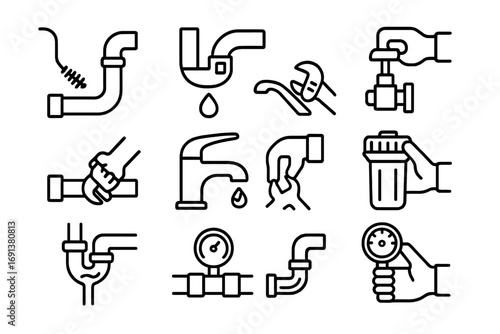 Plumbing Icon Set. Outline icon set of Plumbing maintenance tasks: pipe cleaning, leak sealing, valve