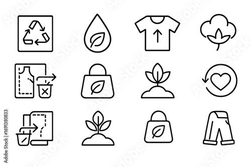 Sustainable Fashion Icons. Outline icon set of Sustainable fashion design: recycled fabric, eco-friendly dye,