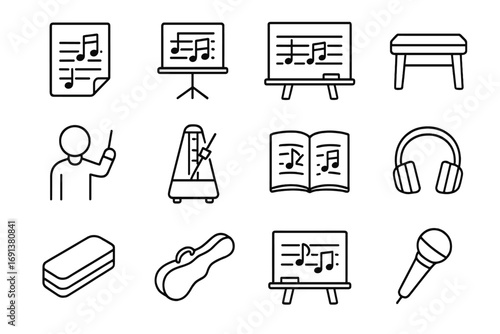 Music Classroom Icons. Outline icon set of music classroom essentials: sheet music, music stand, chalkboard with notes, piano
