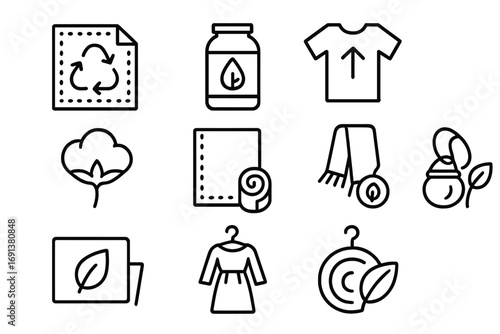 Sustainable Fashion Icons. Outline icon set of Sustainable fashion design: recycled fabric, eco-friendly dye,