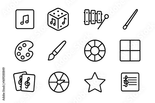 Music and Art Icons. Outline icon set of music and art learning games: note card, rhythm dice, xylophone bar, conductor baton,