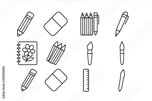 Flower Sketch Tools Icons. Outline icon set of Flower sketching tools: pencil, eraser, ruler, fine liner pen,