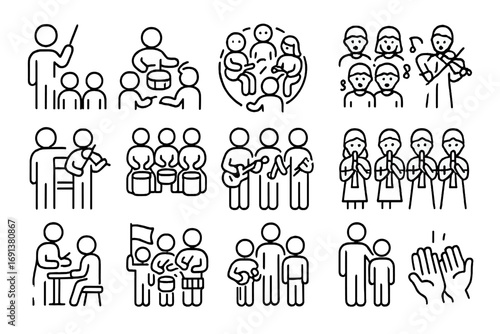 Music Lessons Icons. Outline icon set of group music lessons: teacher with baton, children in circle with instruments, choir