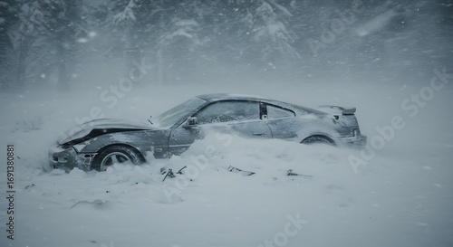 Car buried deep in snow during heavy winter storm blizzard conditions