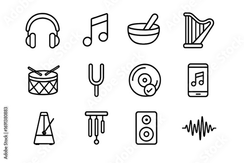 Music Therapy Icons. Outline icon set of Music and sound therapy: headphones, musical note, singing bowl, harp, drum, tuning fork,