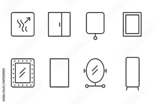 Bathroom Mirror Icons. Outline icon set of Bathroom mirrors: fog-free mirror, medicine cabinet mirror,