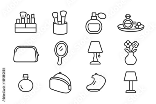 Vanity Icon Set. Outline icon set of Vanity table setup: cosmetic organizer, brush holder, perfume bottle,