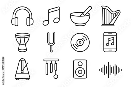 Music Therapy Icons. Outline icon set of Music and sound therapy: headphones, musical note, singing bowl, harp, drum, tuning fork,