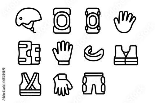 Roller Skating Gear Icons. Outline icon set of Protective gear for roller skating: helmet, knee pads, elbow