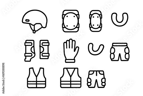 Roller Skating Gear Icons. Outline icon set of Protective gear for roller skating: helmet, knee pads, elbow