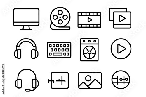 Video Editing Icons. Outline icon set of Video editors: computer, film reel, timeline, video clips, headphones
