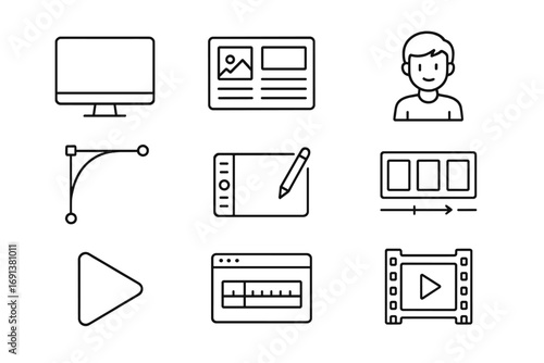 Animator Tools Icons. Outline icon set of Animators and motion designers: computer, storyboard, timeline,