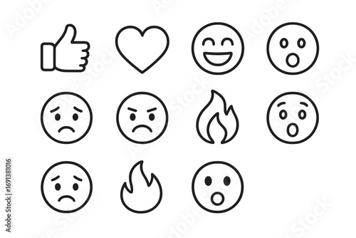 Reaction Icons Grid. Outline icon set of Reaction icons: like, love, laugh, surprise, sad, angry, fire,