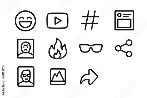 Meme Culture Icons. Outline icon set of Meme culture: laughing face, viral video, trending hashtag, social