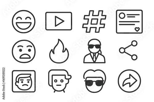 Meme Culture Icons. Outline icon set of Meme culture: laughing face, viral video, trending hashtag, social