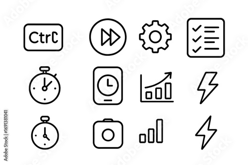 Time-Saving Techniques Icons. Outline icon set of Time-saving techniques: shortcut keys, fast forward icon,