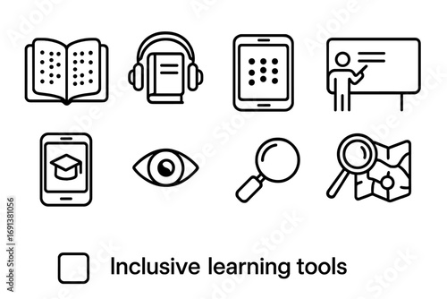Inclusive Learning Tools Icons. Outline icon set of Inclusive learning tools: braille book, audio book, tablet