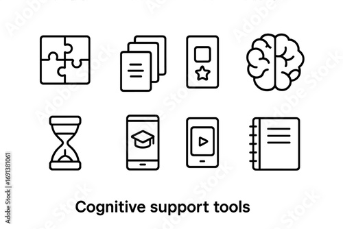 Cognitive Tools Icons. Outline icon set of Cognitive support tools: puzzle, flashcards, memory game, brain