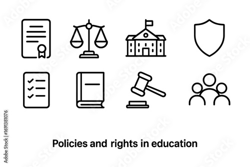 Education Policy Icons. Outline icon set of Policies and rights in education: legal document, scales, school