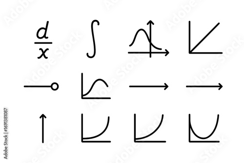 Calculus Icon Set. Outline icon set of Calculus and functions: derivative, integral, graph, slope, limit,