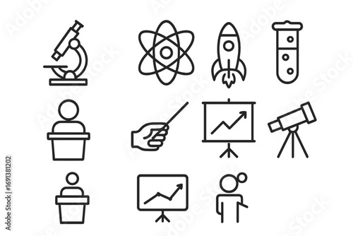 Science Icons Grid. Outline icon set of Science talks: microscope, atom, rocket, test tube, presenter, laser