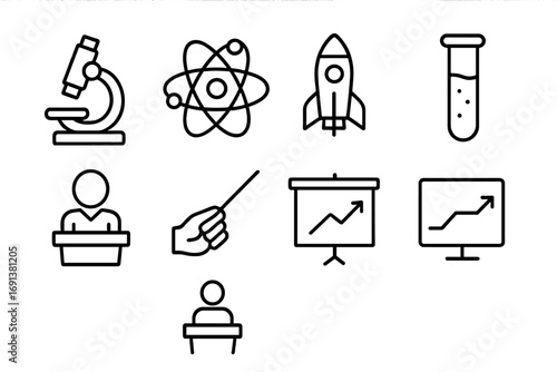 Science Icons Grid. Outline icon set of Science talks: microscope, atom, rocket, test tube, presenter, laser