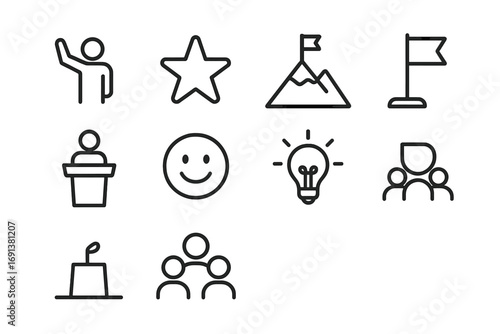 Motivational Icon Set. Outline icon set of Motivational lectures: person raising hand, star, mountain peak,