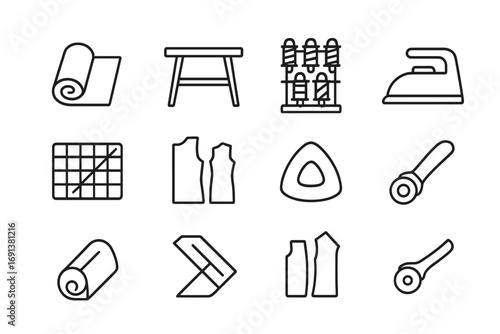 Fashion Workshop Icons. Outline icon set of Fashion workshop: roll of fabric, worktable, thread rack, iron,