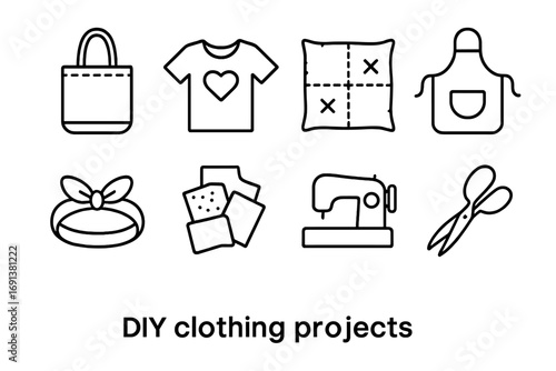 DIY Clothing Icons. Outline icon set of DIY clothing projects: handmade tote, customized T-shirt, patchwork