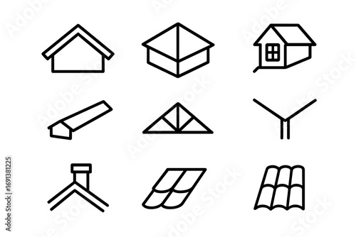 Roof Icon Set. Outline icon set of Pitched roof design: gable roof, hip roof, dormer window, ridge cap, truss,