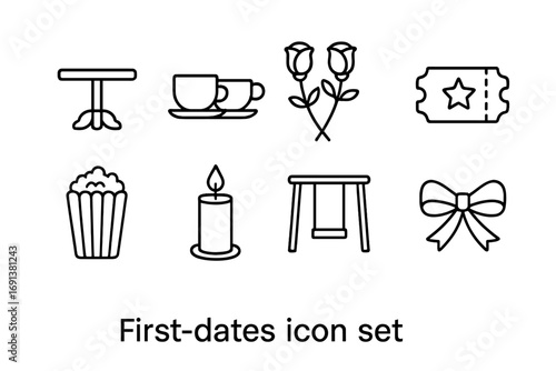 First Date Icons. Outline icon set of First dates: café table, coffee cups, roses, cinema ticket, popcorn box,