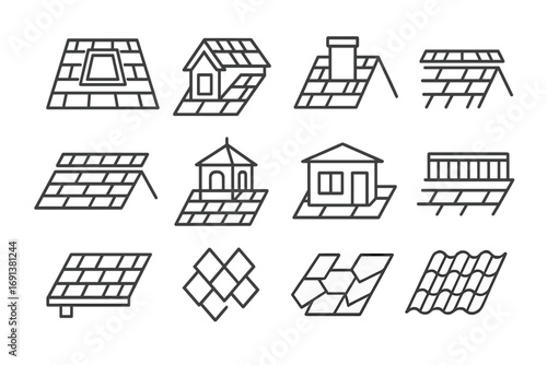 Architectural Roof Icons. Outline icon set of Architectural roof features: skylight, dormer, chimney, ridge