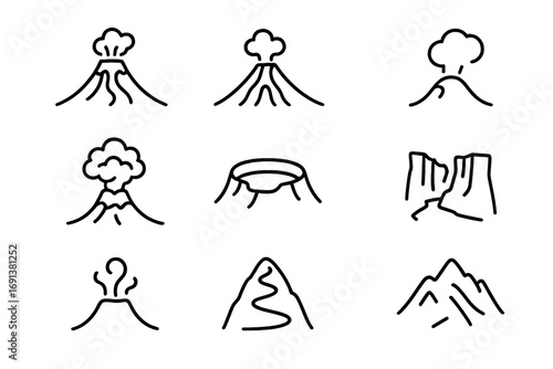 Volcanic Landscape Icons. Outline icon set of Volcanic landscapes: volcano peak, lava flow, fumarole, ash