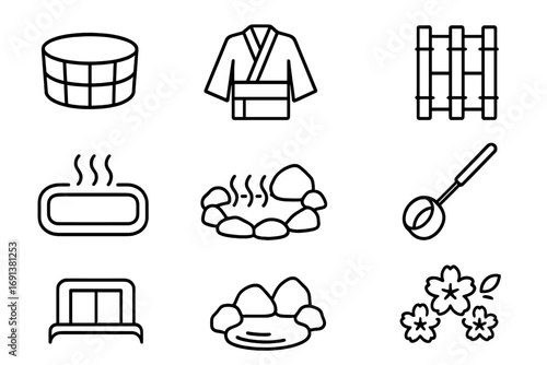 Onsen Culture Icons. Outline icon set of Onsen culture: wooden bucket, yukata robe, folding fan, bamboo screen
