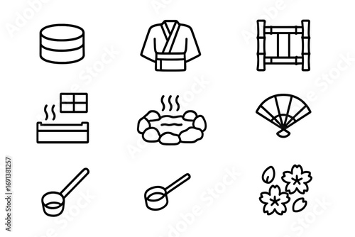Onsen Culture Icons. Outline icon set of Onsen culture: wooden bucket, yukata robe, folding fan, bamboo screen