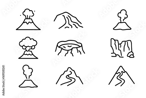 Volcanic Landscape Icons. Outline icon set of Volcanic landscapes: volcano peak, lava flow, fumarole, ash